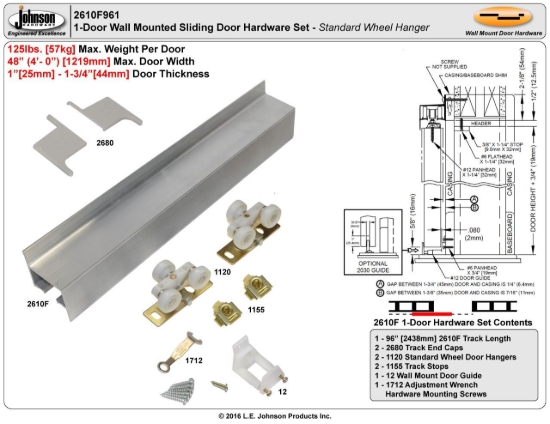 Picture of 2610F961 2610F 1-Door Hardware Set, Standard Hangers, 96" (2438mm) Mill Finish Track