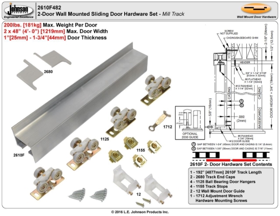 Picture of 2610F482 2610F 2-Door Hardware Set, Ball Bearing Hangers, 192" (4877mm) Mill Finish Track