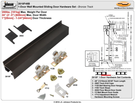 Picture of 2610F48B 2610F 1-Door Hardware Set, Ball Bearing Hangers, 48" (1219mm) Bronze Track