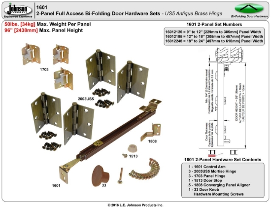 Picture of 1601HD 2-Panel Mortise Hinge Hardware Set, 9"-12" Panel, US5 Hinge