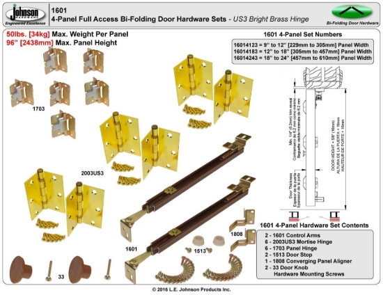 Picture of 16014183 1601 4-Panel US3 Mortise Hinge Hardware Set, 12" [305mm] to 18" [457mm] Panel