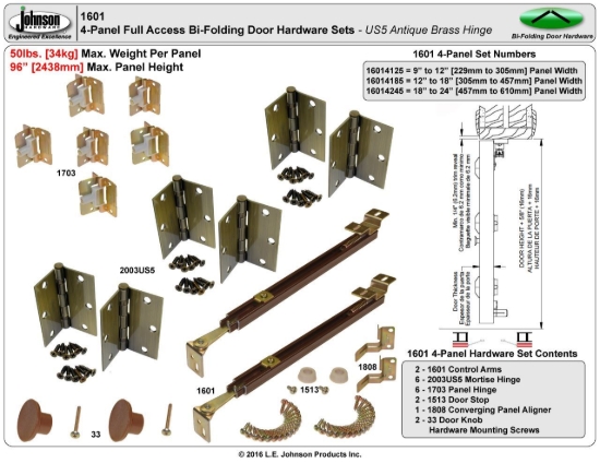 Picture of 16014185 1601 4-Panel US5 Mortise Hinge Hardware Set, 12" [305mm] to 18" [457mm] Panel