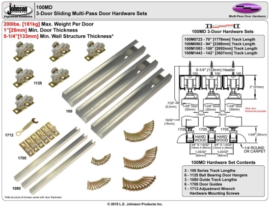 Picture of 100M1443 100MD 3-Door Sliding Hardware Set, 142" 11/10 [3607mm] Track Length