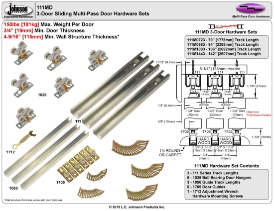 Picture of 111M0723 111MD 3-Door Sliding Hardware Set, 70" 5/10 [1778mm] Track Length