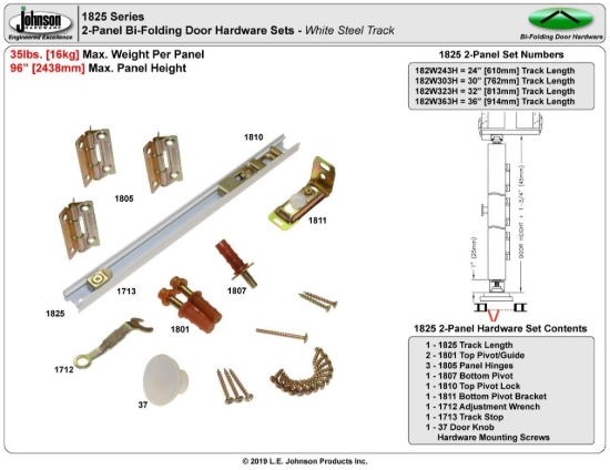 Picture of 182W323H 1825 2-Panel Hardware Set, 32" 2/8 [813mm] White Track Length