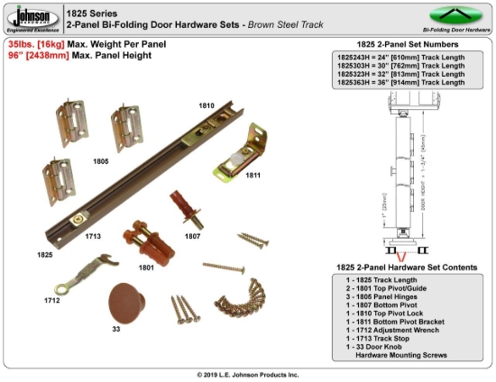 Picture of 1825363H 1825 2-Panel Hardware Set, 36" 3/0 [914mm] Brown Track Length