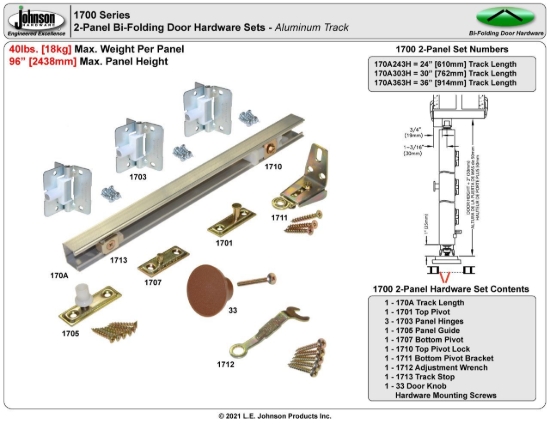 Picture of 170A303H 1700 2-Panel Hardware Set, 30" 2/6 [762mm] Aluminum Track Length