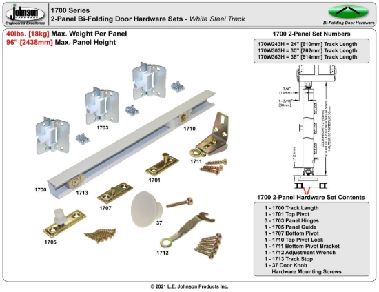 Picture of 170W303H 1700 2-Panel Hardware Set, 30" 2/6 [762mm] White Steel Track Length