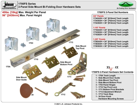 Picture of 1718243H 1700FS 2-Panel Side Mount Hardware Set, 1-1/8" [29mm] Door, 24" 2/0 [610mm] Track Length