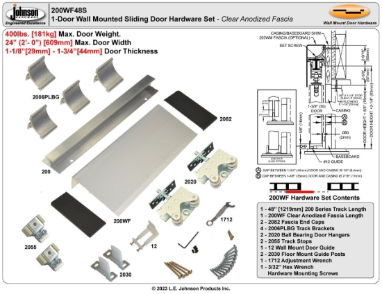 Picture of 200WF48S 200WF 24" 1-Door Hardware Set, Clear Satin Fascia