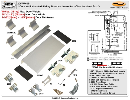 Picture of 200WF60S 200WF 30" 1-Door Hardware Set, Clear Satin Fascia