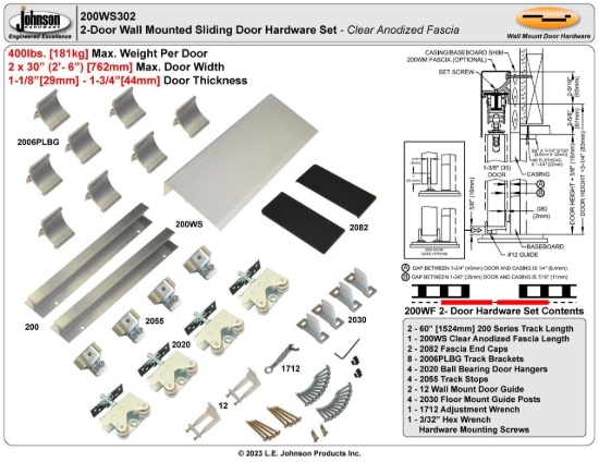Picture of 200WS302 200WF 30" 2-Door Hardware Set, Clear Satin Fascia