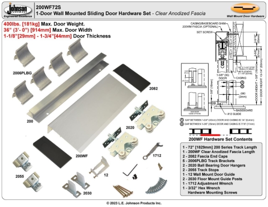 Picture of 200WF72S 200WF 36" 1-Door Hardware Set, Clear Satin Fascia
