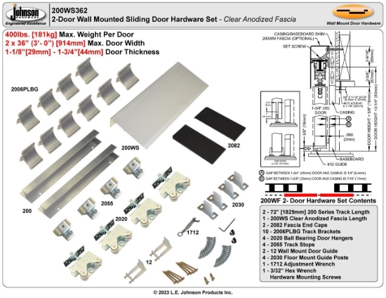 Picture of 200WS362 200WF 36" 2-Door Hardware Set, Clear Satin Fascia