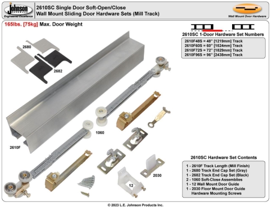Picture of 2610F48S 2610SC 1-Door Soft Operation Hardware Set, 48" (1219mm) Mill Finish Track