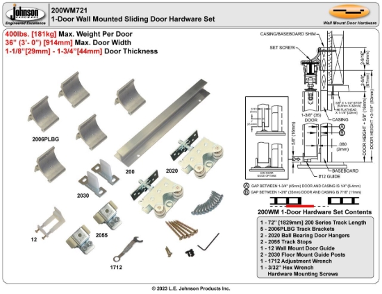 Picture of 200WM721 200WM 1-Door Hardware Set, 72" 6/0 [1829mm] Track
