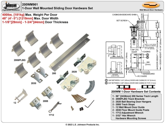 Picture of Copy of 200WM961 200WM 1-Door Hardware Set, 96" (2438mm) Track